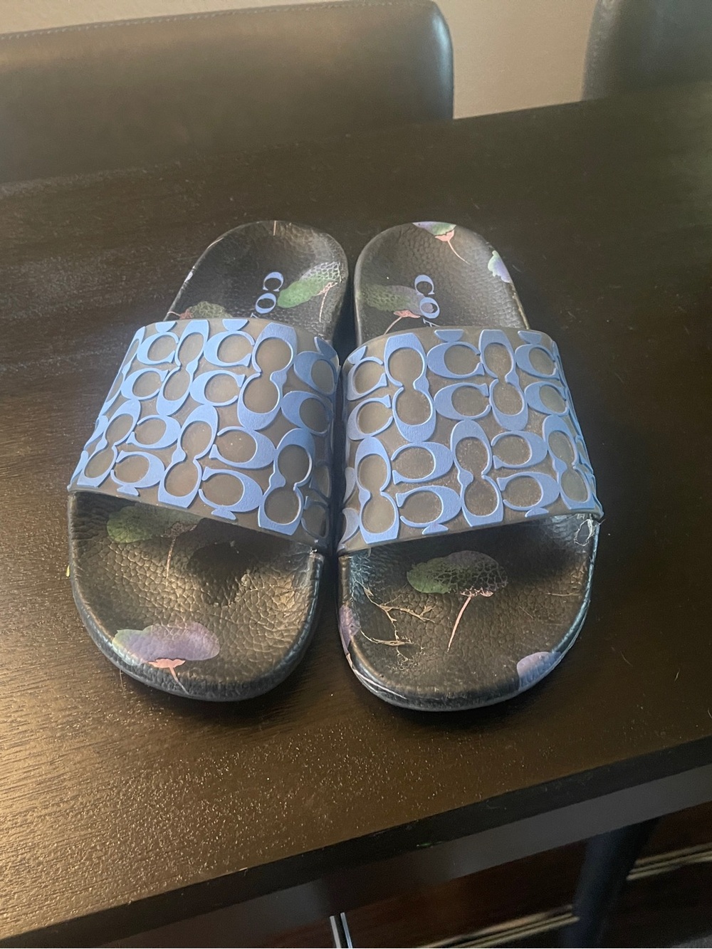 Coach woman’s Navy Slide Sandals with Light Blue Signature Strap size 8